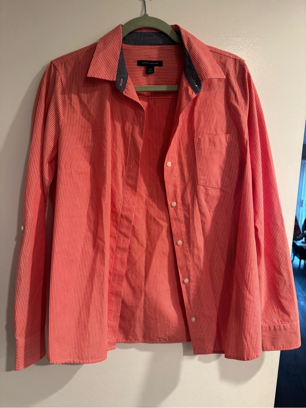 Tommy Hilfiger Coral/ pink and White Striped Button-Up - small- 100% cotton